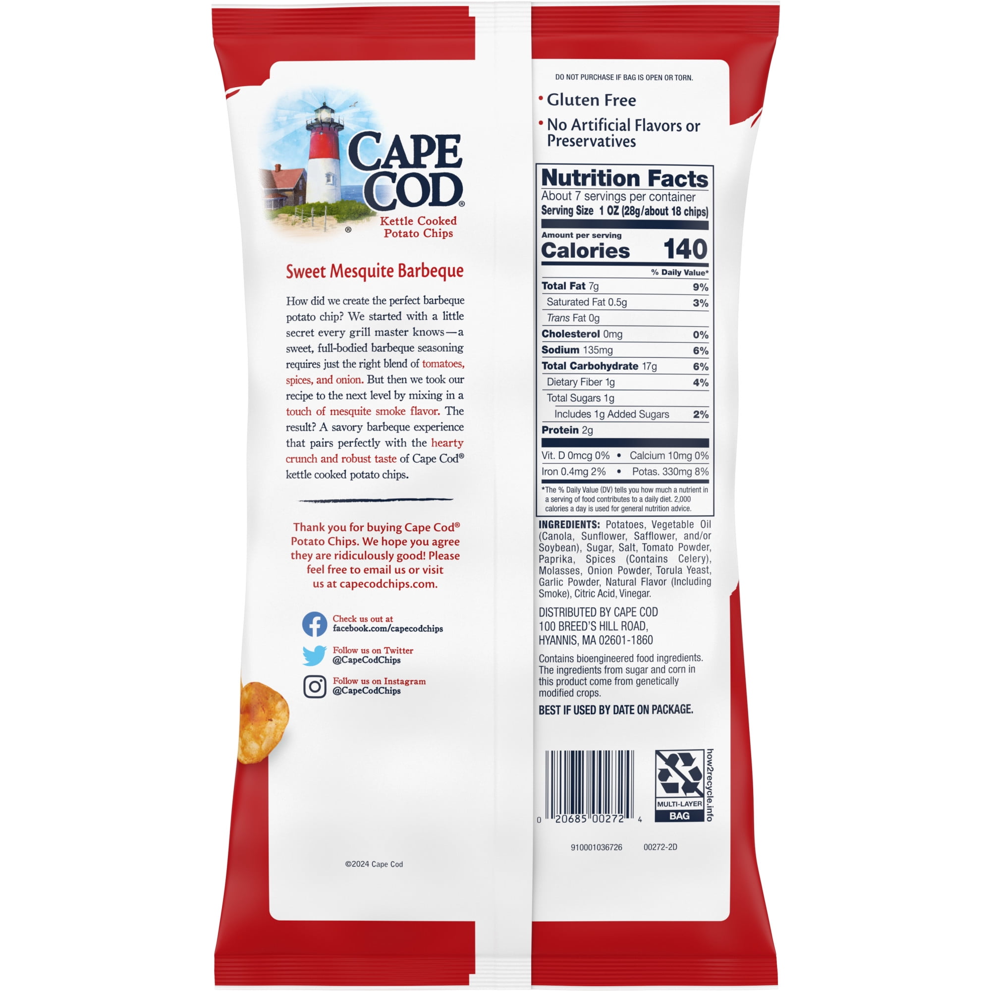(3 pack) Cape Cod Potato Chips, Sweet Mesquite Barbeque Kettle Chips, 7.5 oz