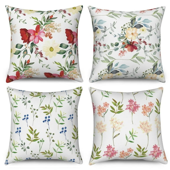 Happy Spring Floral Throw Pillow Cover 18 x 18 Set of 4, Watercolor Pink Flower Decorative Throw Pillow Cases for Living Room,Couch and Bed