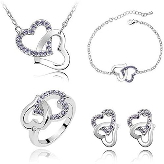 Yuehao Bracelets for Women, Gifts for Women, Crystal Heart Chain Necklace Earring Jewelry Set Women's Gift (Purple, One Size)