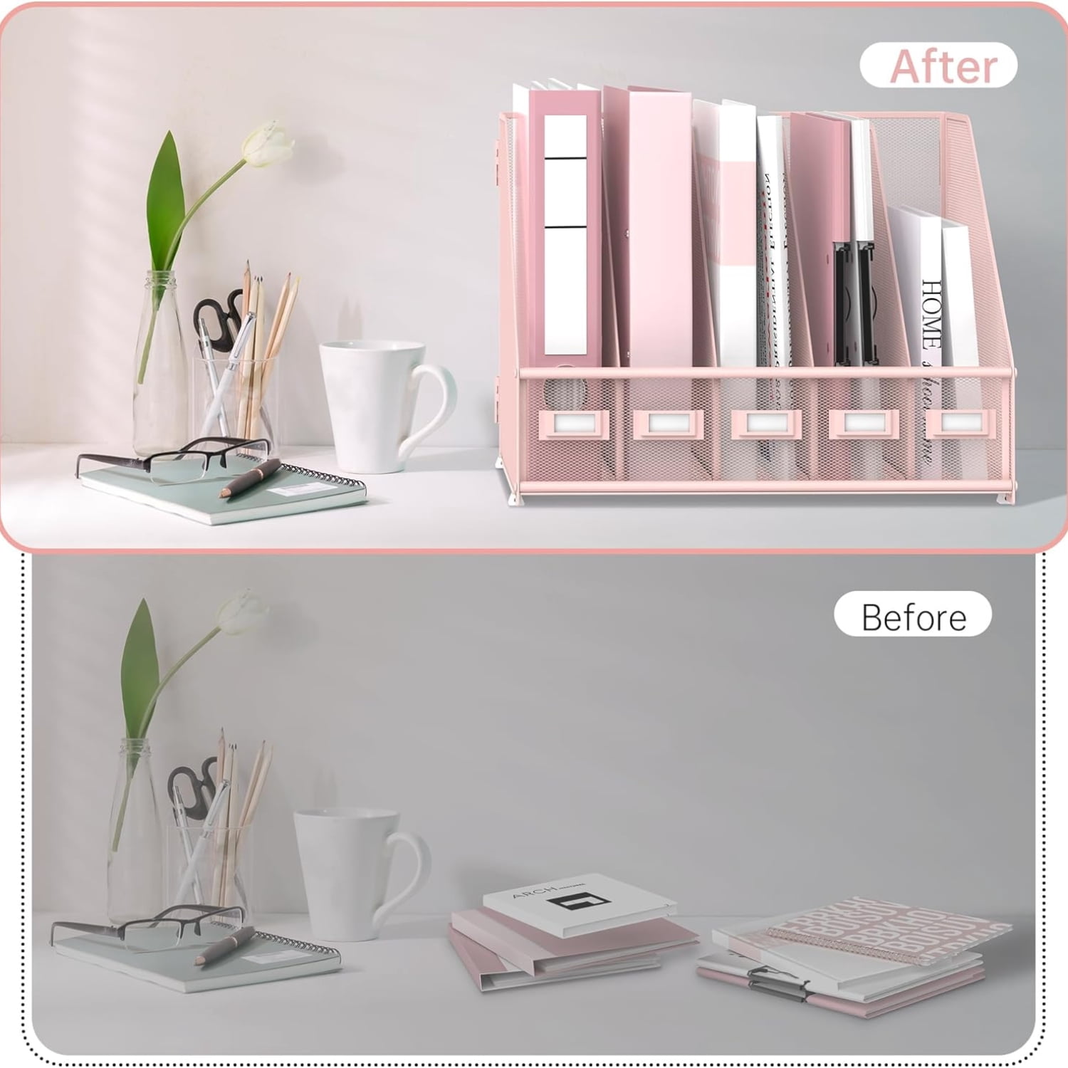 INTIGE Metal Mesh Desk File Organizer with 5 Vertical Compartments, Pink, Desk Organizer, Plus, Assemble