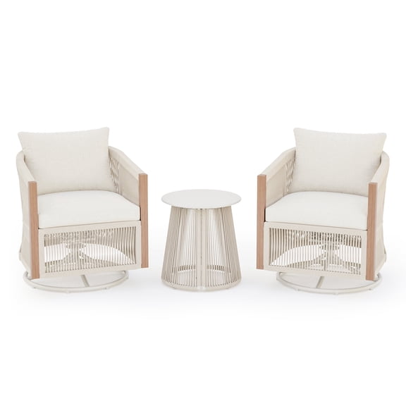 LAUSAINT HOME 3 Piece Swivel Wicker Patio Furniture Set, 2 Rocking Chairs with Waterproof Olefin Cushions & Side Table, All Weather Outdoor Conversation Set for Patio Porch Garden, Beige