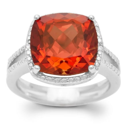 Natural Padparadscha Sapphire - 5 1/3 Carat Split Shank Cushion Cut Created Padparadscha Sapphire and Diamond Ring In Sterling Silver - 7