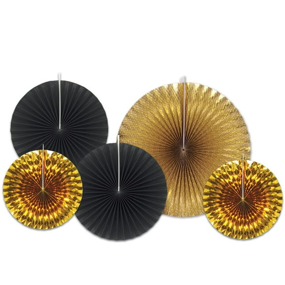 Party Central Club Pack of 12 Gold and Black Paper Foil Fans Hanging Decors 16"