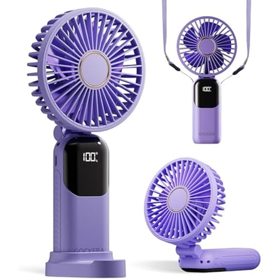 FU1999Portable Fan, 4200mAh Battery Operated Fan, 5 Speeds&Digital Display, Makeup Fans for Women with Base, 180°Foldable 3in1 Handheld/Neck/Desk Fan for Outdoor Indoor,Ultra Quiet (Purple)