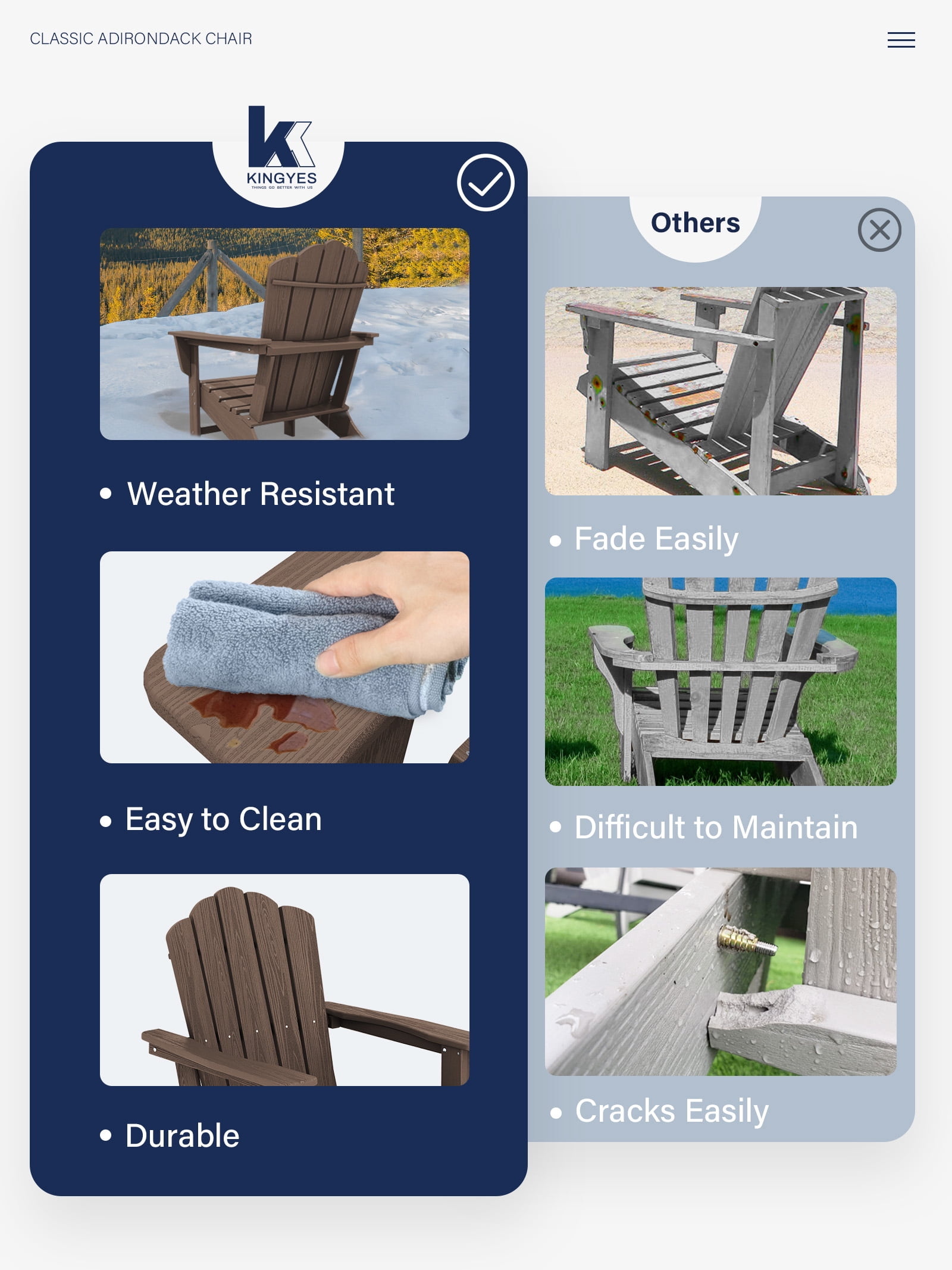 KINGYES HDPE Adirondack Chair Set of 4, All-Weather Outdoor Fire Pit Chairs for Patio Deck Lawn, Brown