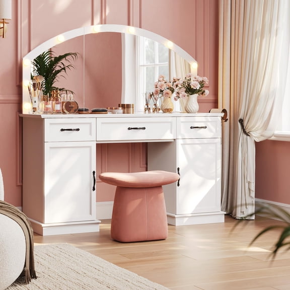 55.12" Large Makeup Vanity Desk with Arched LED Light Mirror, Tempered Glass Tabletop, 3 Drawers & 2 Storage Cabinets, White