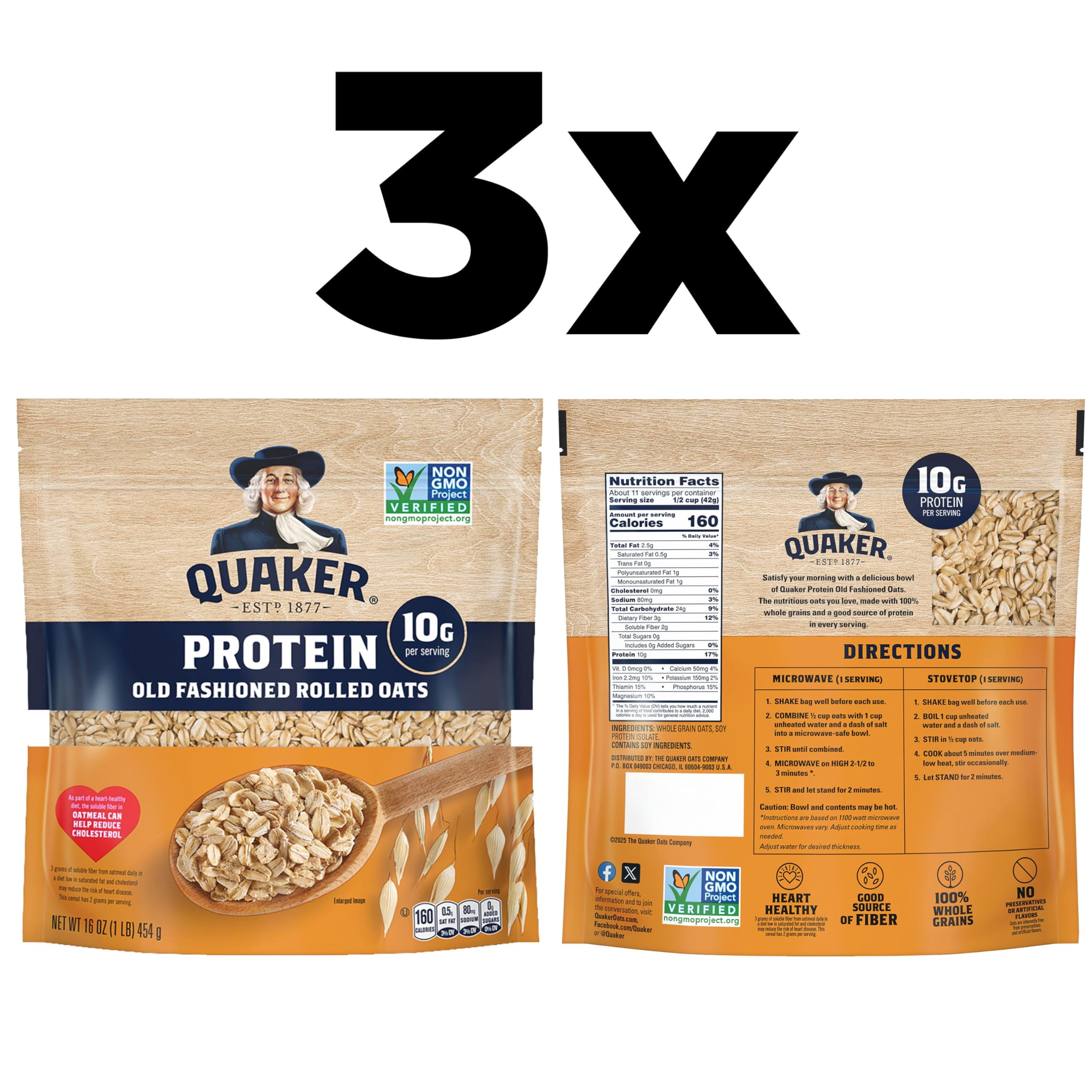 Quaker Protein Old Fashioned Rolled Oats, 10g Protein per Serving, Whole Grains, No Preservatives, No Artificial Flavors, 16 oz Bag (Pa