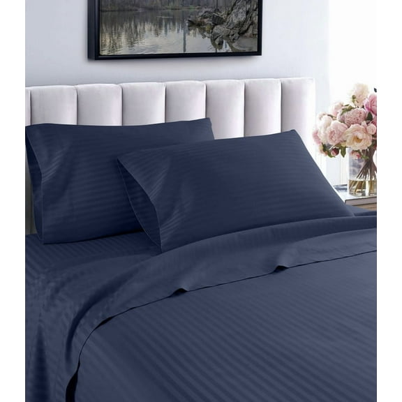 1200 Thread Count Queen Size Deep Pocket Stripe Cotton Sheet Set (Queen, Navy)
