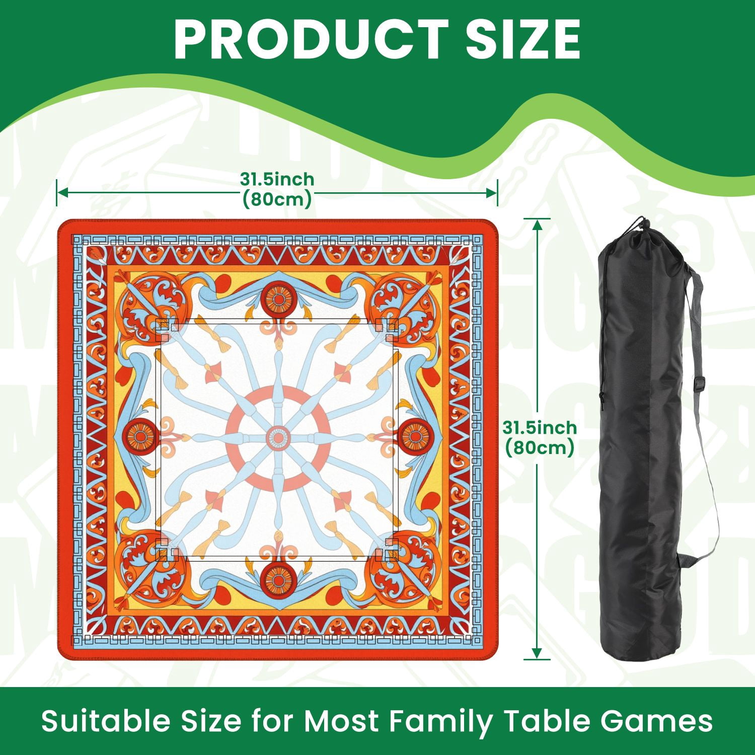 Mahjong Mat 31.5" x 31.5" Elegant Ornate Swirls Flourishes Red Blue Yellow Non-Slip Noise Reduction American Mahjong Tiles Table Cover for Dominoes Poker Card Board Games Gift