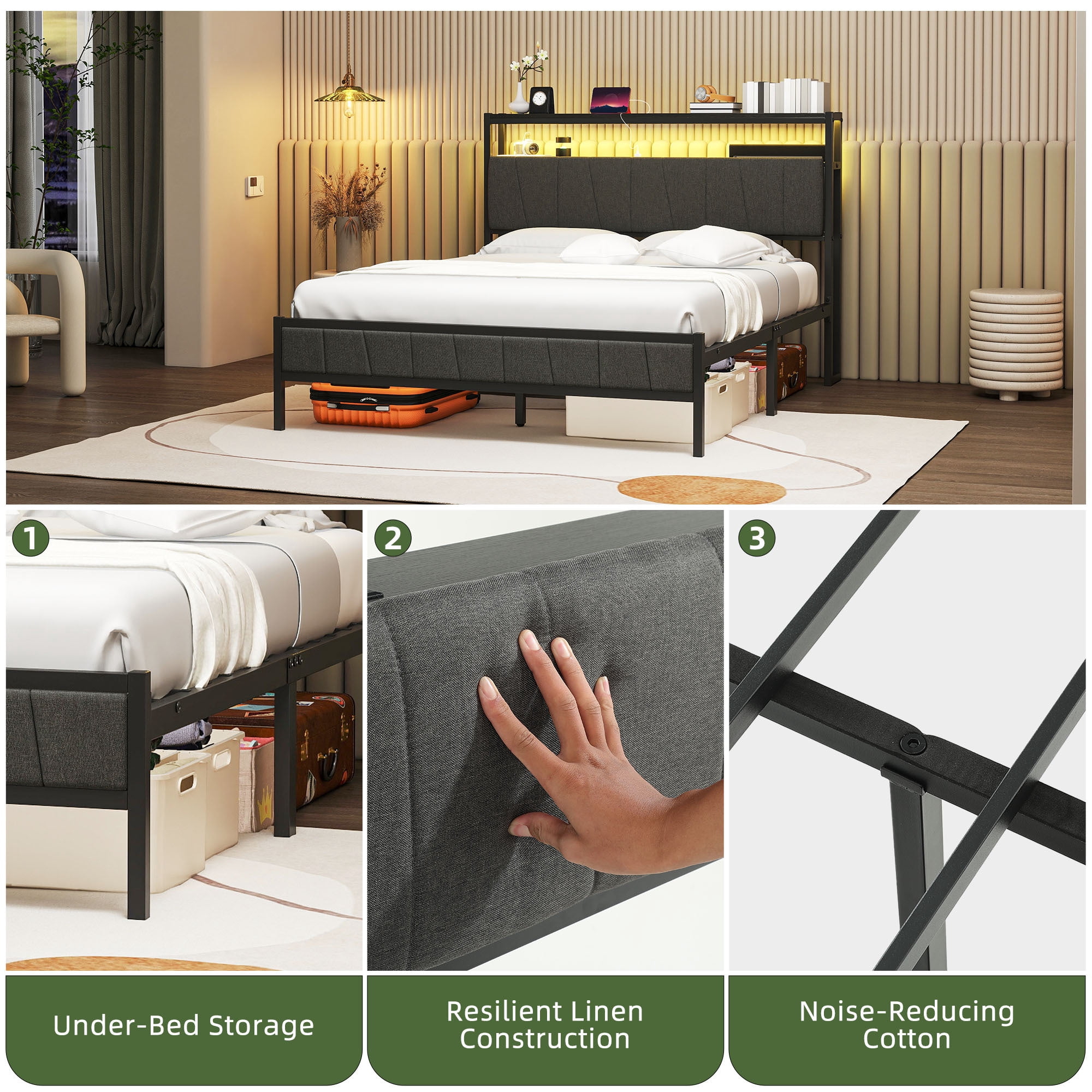Uforic Queen Bed Frame with LED Lights, Power Hub, and Storage Headboard, No Box Spring Needed, Gray