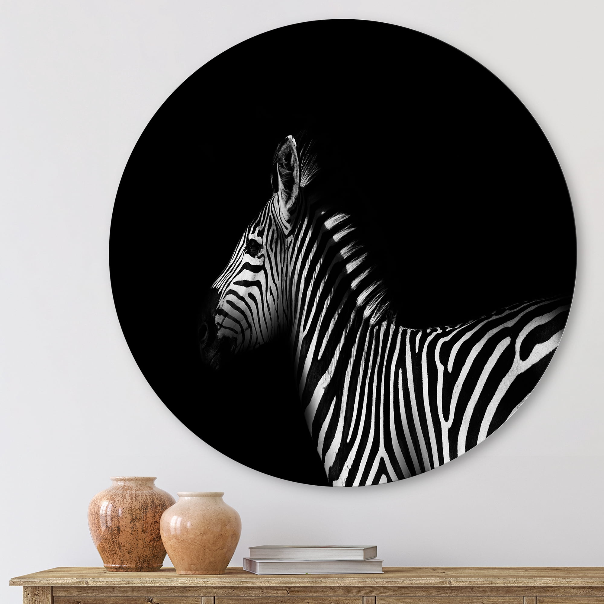 Designart 'Sideview Of Zebra In White and Black' Farmhouse Circle Metal Wall Art 23x23 - Disc of 23
