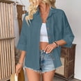 thumbnail image 5 of Plaid Button Down Shirts for Women Short Sleeve Loose Cotton and Linen Tunic Blouse Plaid Shrits, 5 of 9