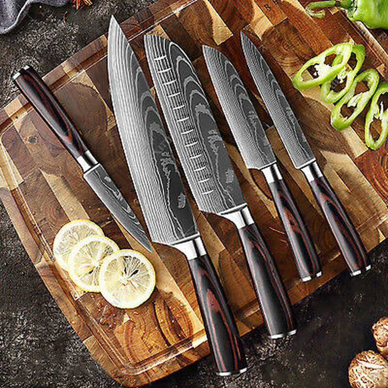 DFITO 8Pcs Kitchen Knife Set Damascus Pattern Stainless Steel Pro Chef Knives for Gift