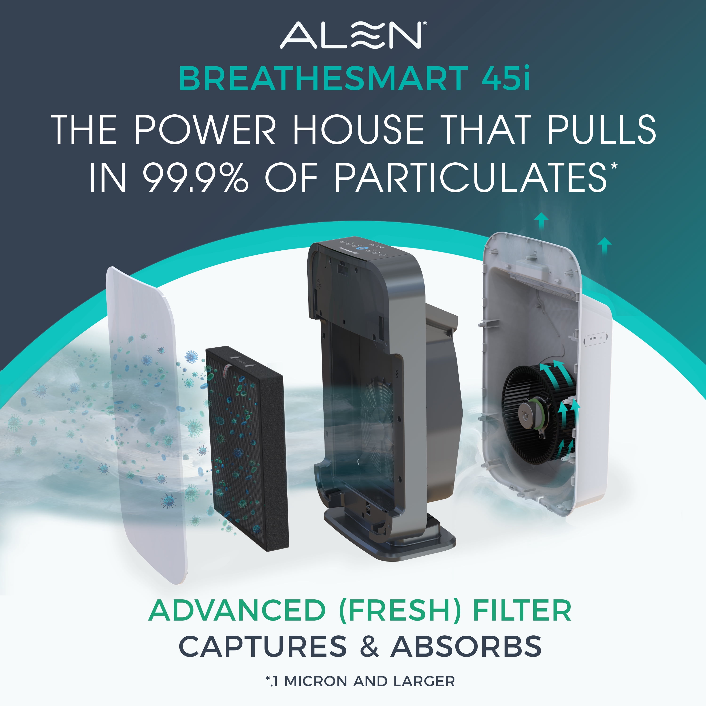 Alen Air Purifier BreatheSmart 45i HEPA with Advanced (Fresh) Filter + Carbon for Large Rooms up to 1900 Sq. Ft - Perfect for Bedrooms & Home Offices - Captures Dust + Household Odors & Smoke