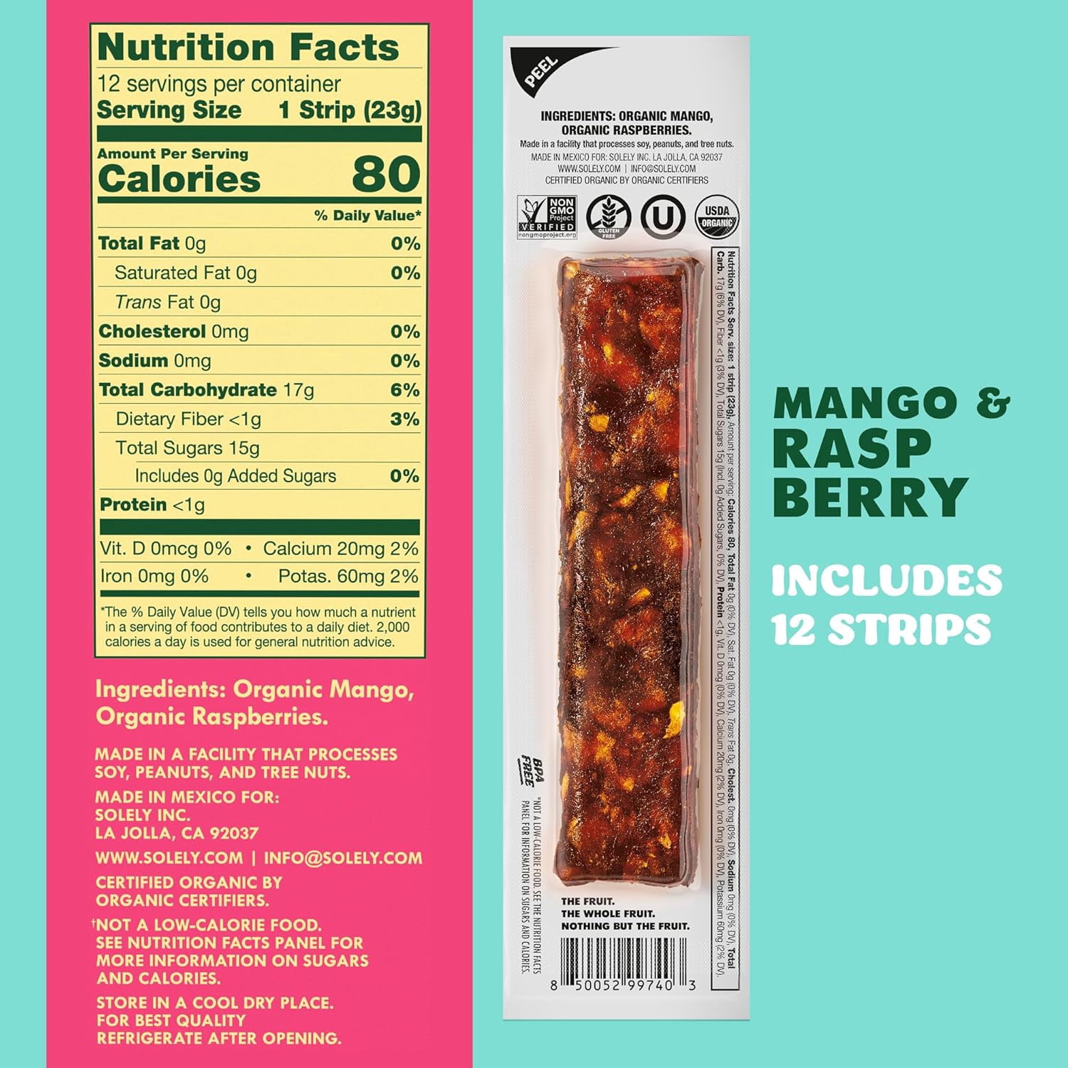 SOLELY Organic Mango Raspberry Fruit Jerky, 12 Individually Wrapped Fruit Strips, Leathery Texture, Healthy Snacks for All, Vegan Snack, 0.8oz (23g)