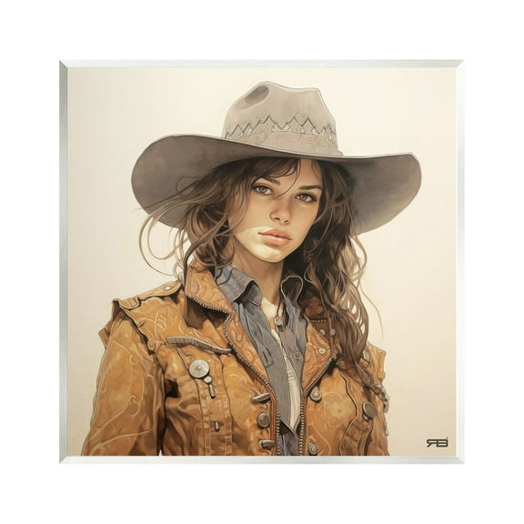 Stupell Industries Brunette Cowgirl on Beige Abstract Painting Unframed Art Print Wall Art, 12 x 12