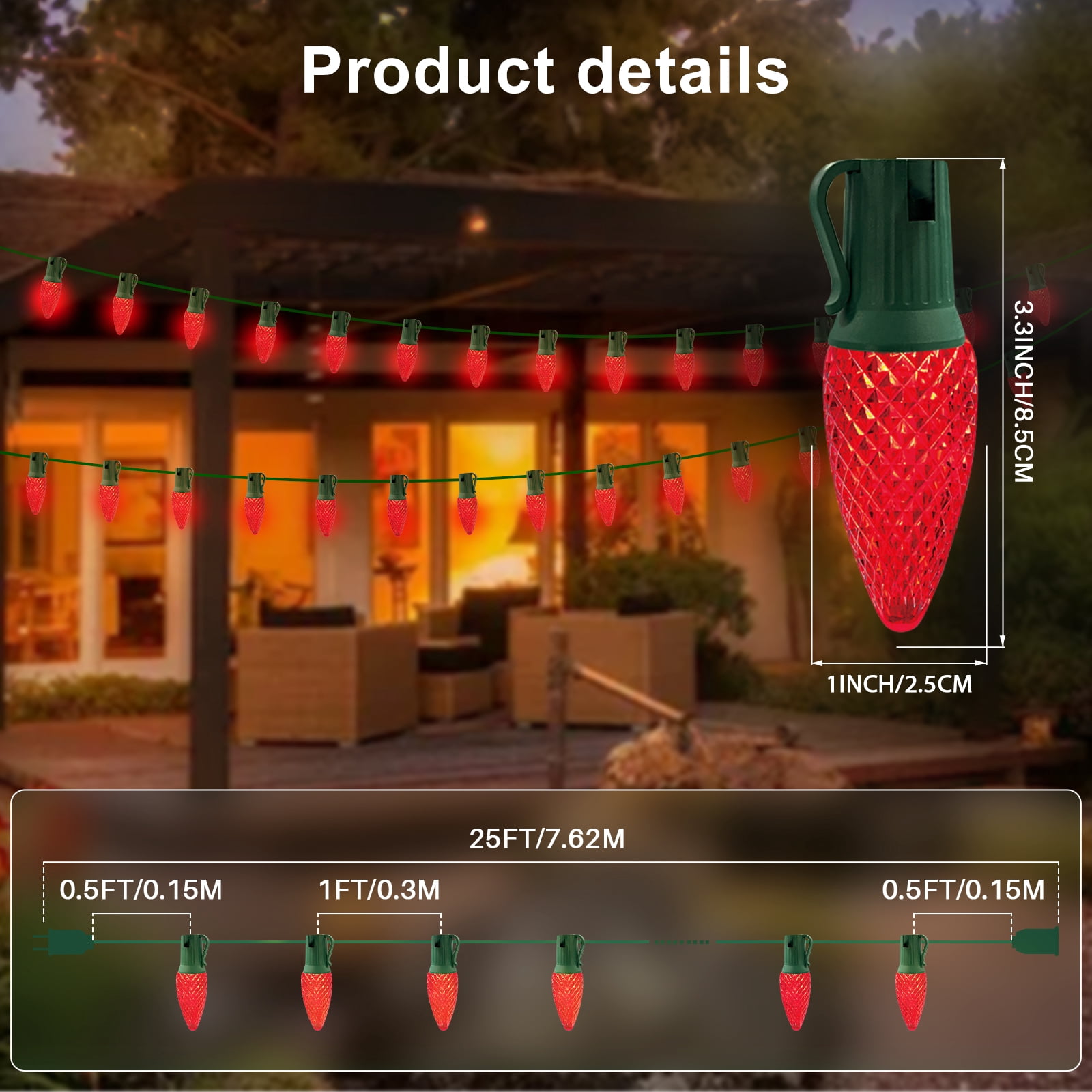 LAMPHOME Red C9 Christmas String Light Outdoor, 25FT Shatterproof LED for House Rooflines & Pathways, Connectable Waterproof Vintage Christmas Light for Tree, Yard, Patio, Porch, Garden