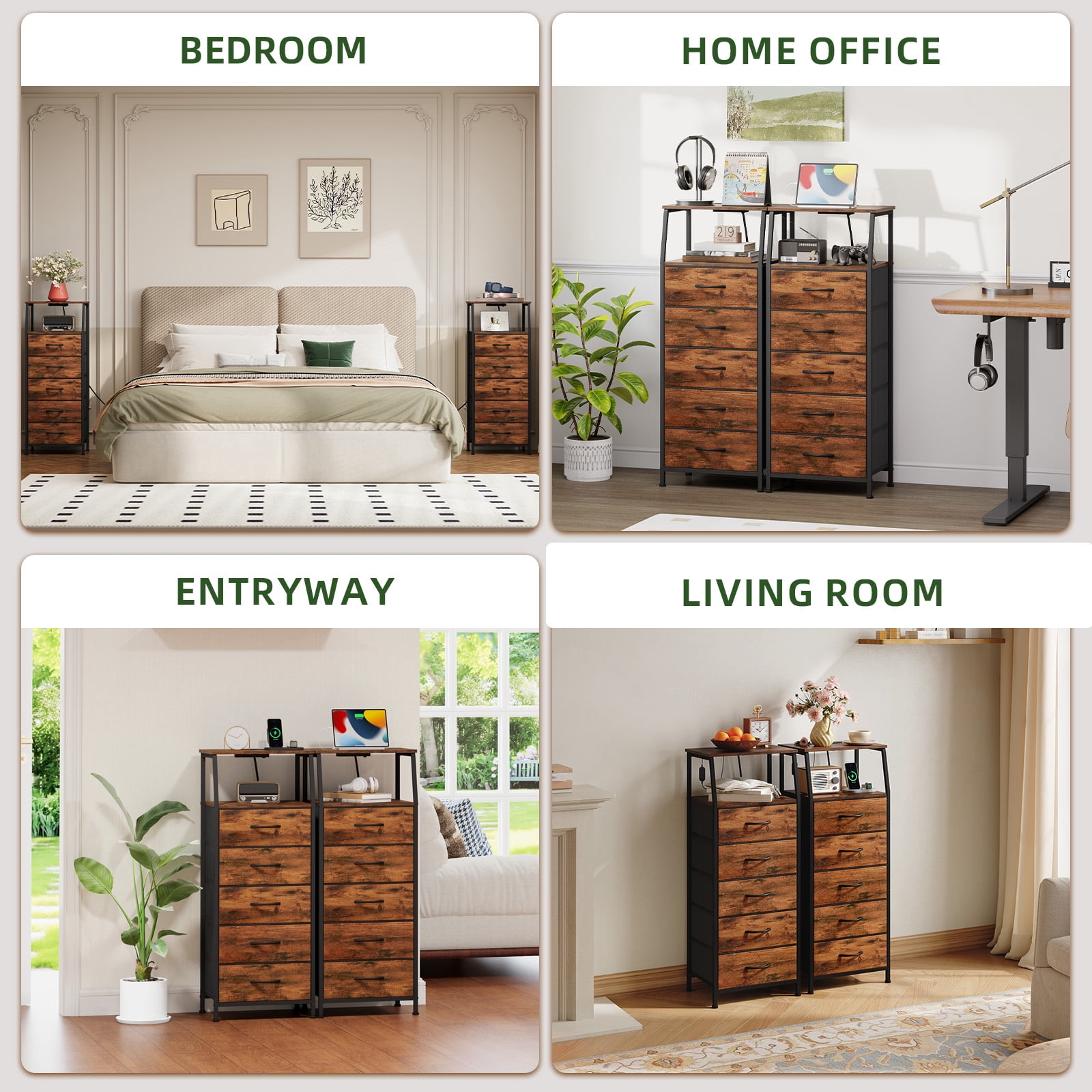Eunos Tall Nightstand with Charging Station and LED for Bedroom, 5 Drawer with Storage Shelfs, Wood Grain Print