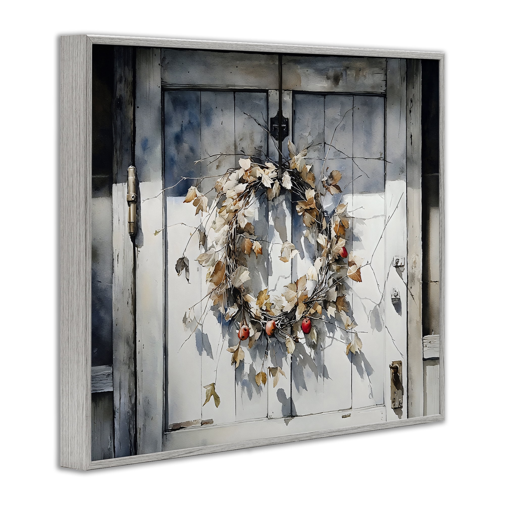 Stupell Industries Rustic Wreath on White Door Gray Framed Giclee Art, design by Franklyn Gregory