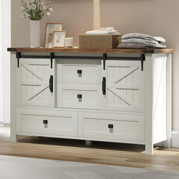 Merluxy Farmhouse Sideboard Buffet Cabinet with 4 Drawers & 2 Doors for Living Room & Bedroom, White