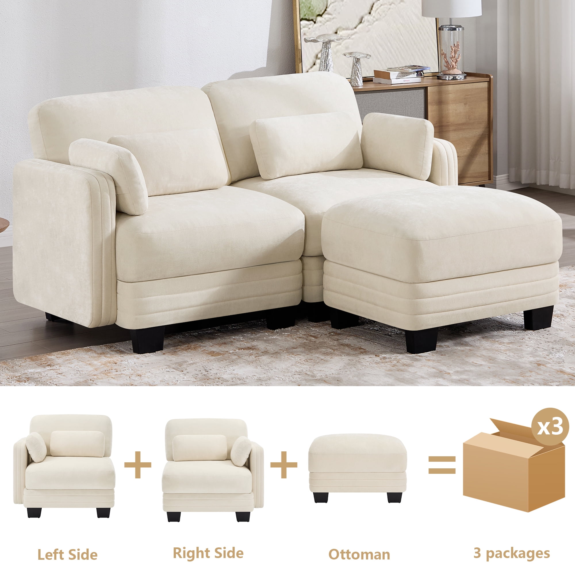 70" Modern Modular 2 Seater Loveseat Sofa Couch with 1 Ottoman and 4 Pillows