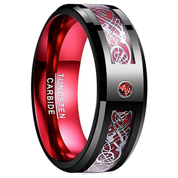 8mm Tungsten Rings with Celtic Dragon for Unisex Black Red Wedding Band Ring Size 6-16