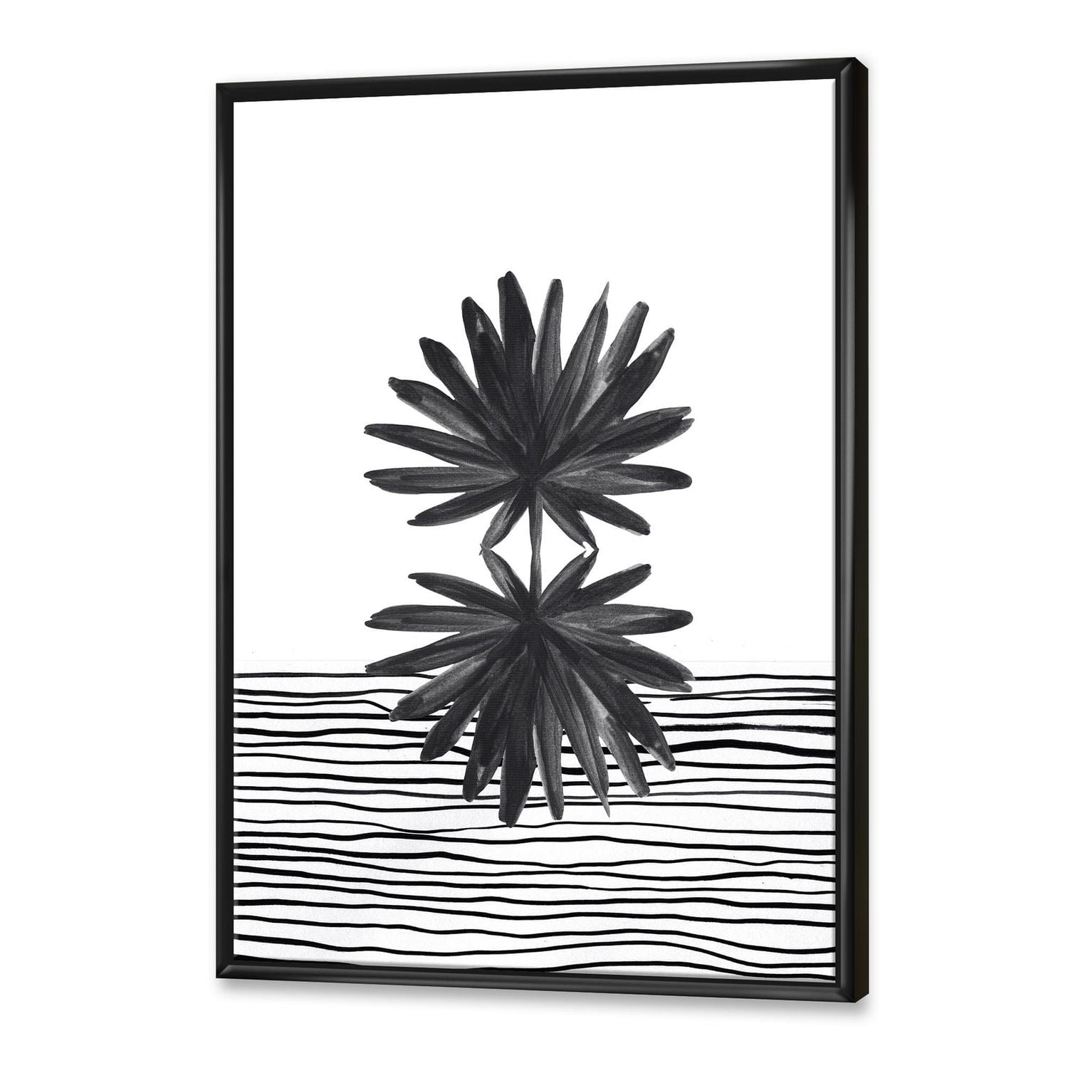 Designart Feuille tropicale noire et blanche sur rayures II ART MURAL À CADRE FLOTTÉ
