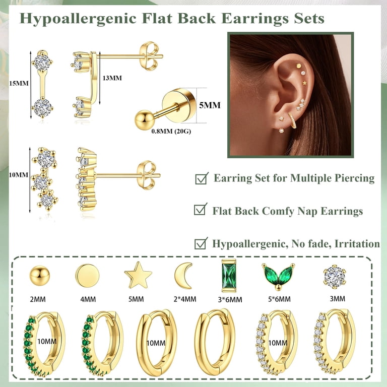20pcs Hypoallergenic Flat Back Stud Earrings Set - Surgical Steel, 20G, 6mm Post, For Cartilage, Helix, Tragus Piercings