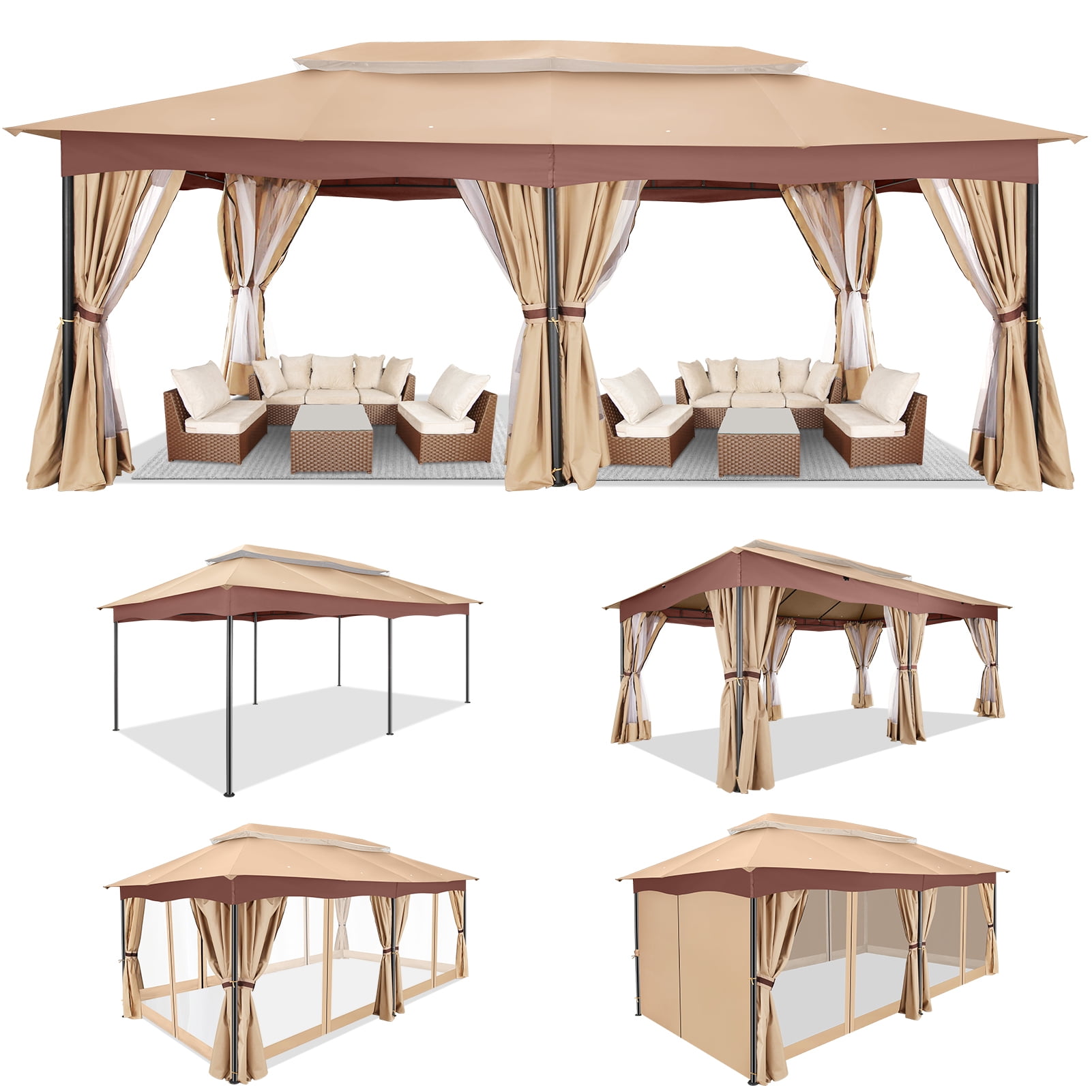 HOTEEL Heavy Duty 12X20 Outdoor Patio Gazebo with Mosquito Netting Curtains,Double-Roof Canopy Tent Gazebo for Parties,Backyards,Gardens,Khaki