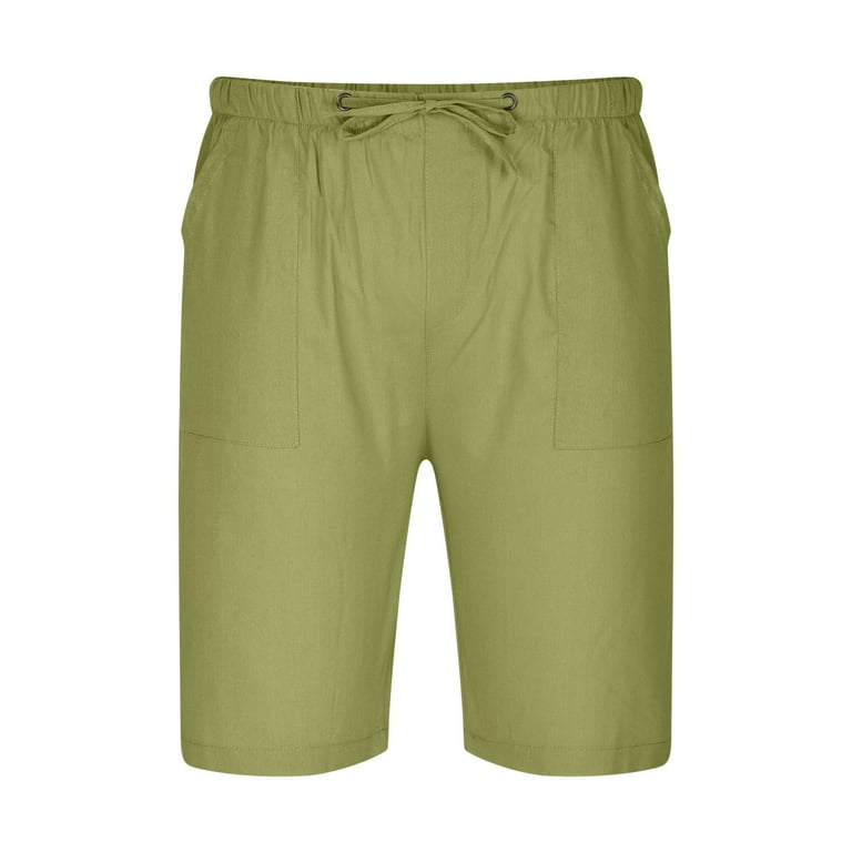 Under 10 Mens Shorts Cotton Linen Shorts Summer Plain Drawstring Elastic Waist Casual 7 Inch Shorts Loose Short Pant Medium Green