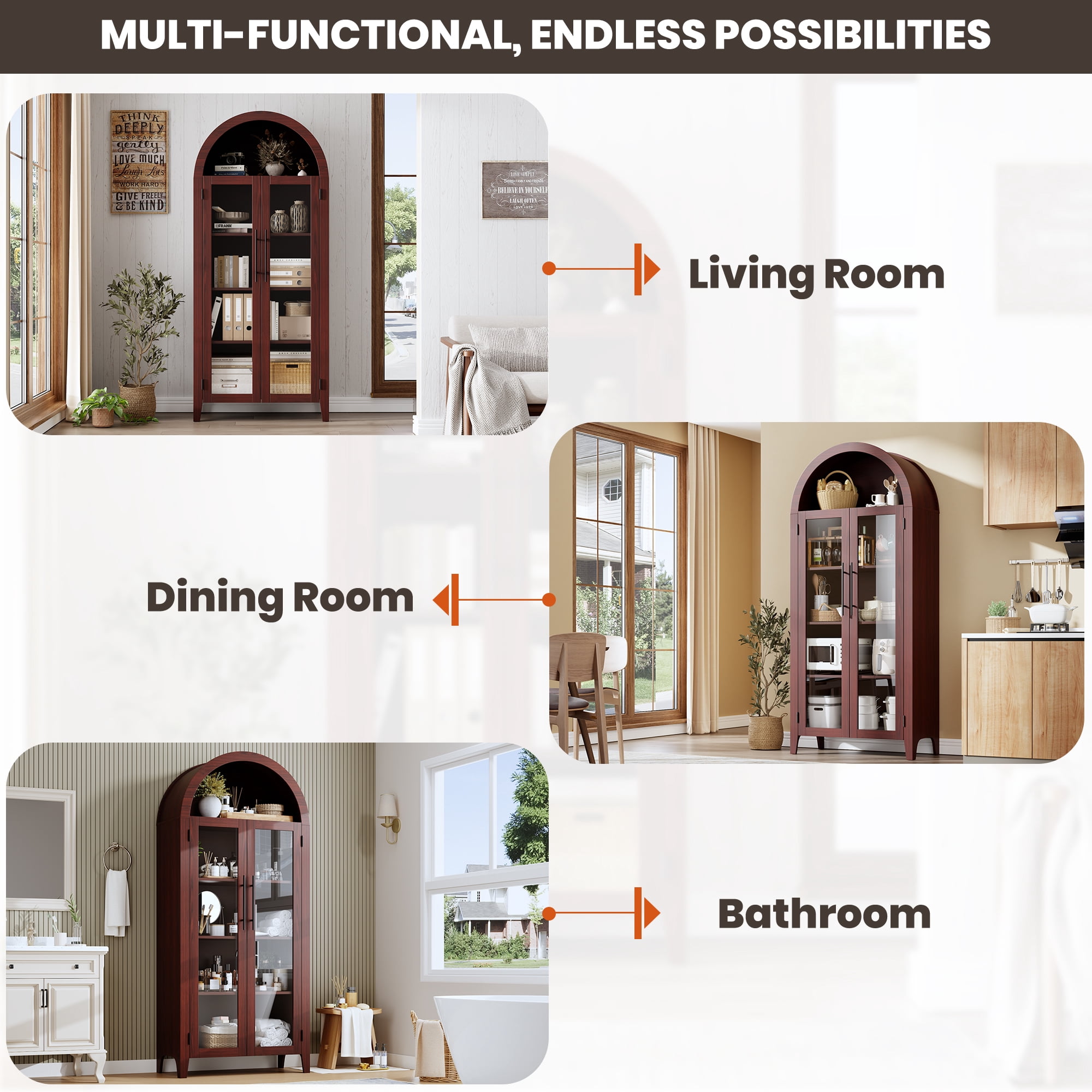 5-Tier Arched Bookcase, Bookshelf with Glass Door, Display Cabinet with Adjustable Shelves, Tall Storage Cabinet for Living Room, Modern Bookcase for Bedroom/Living Room/Home Office
