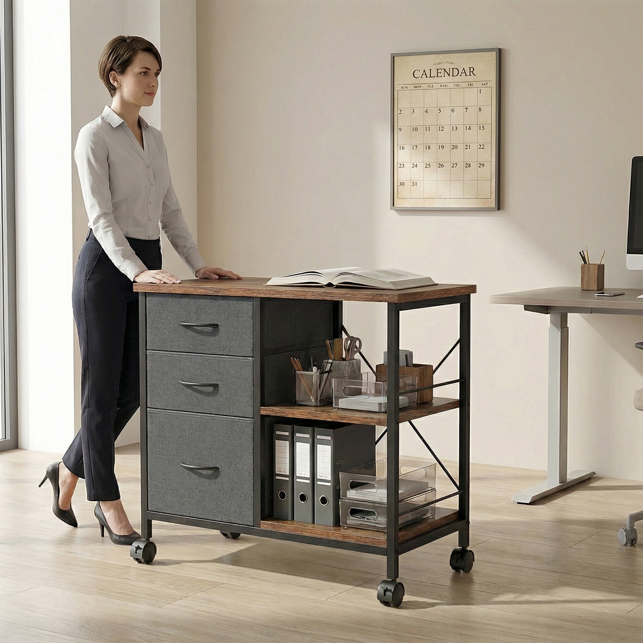 EDX 3 Drawer Mobile File Cabinet, Rolling Storage Cabinet with Open Storage Shelf, Fabric Lateral Filing Cabinet for Home Office, Rustic