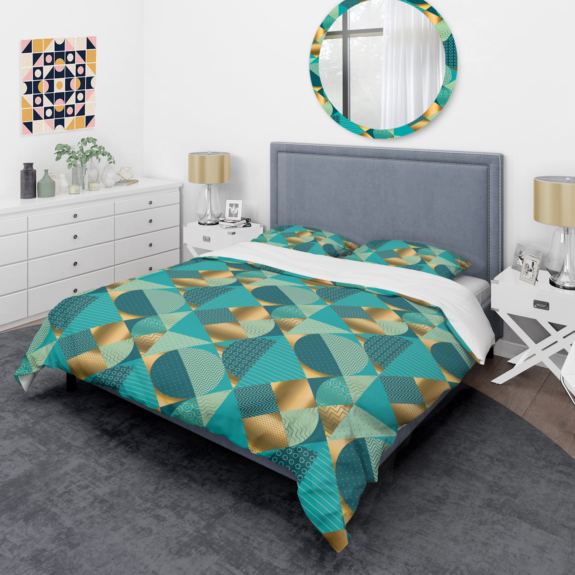 Designart 'Gold and Blue Dynamics II' Mid-Century Modern Duvet Cover Set