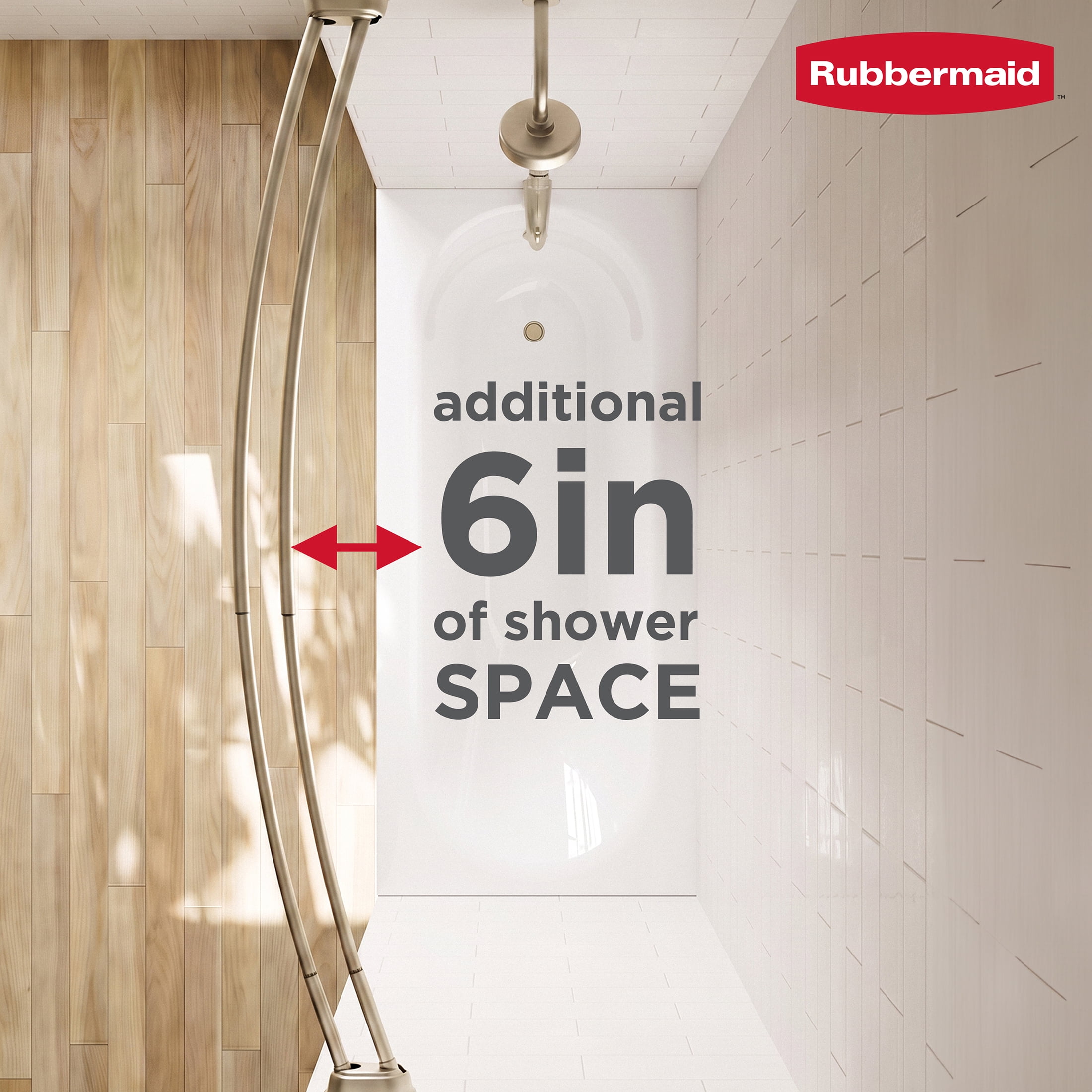 Rubbermaid No Drill Adjustable Tension Double Curved Shower Curtain Rod, Rustproof, 50" - 72", Nickel