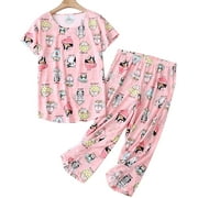 Women Cotton Pajamas Set Short Sleeve Top Capri Pants Sleepwear Plus Size S-3XL