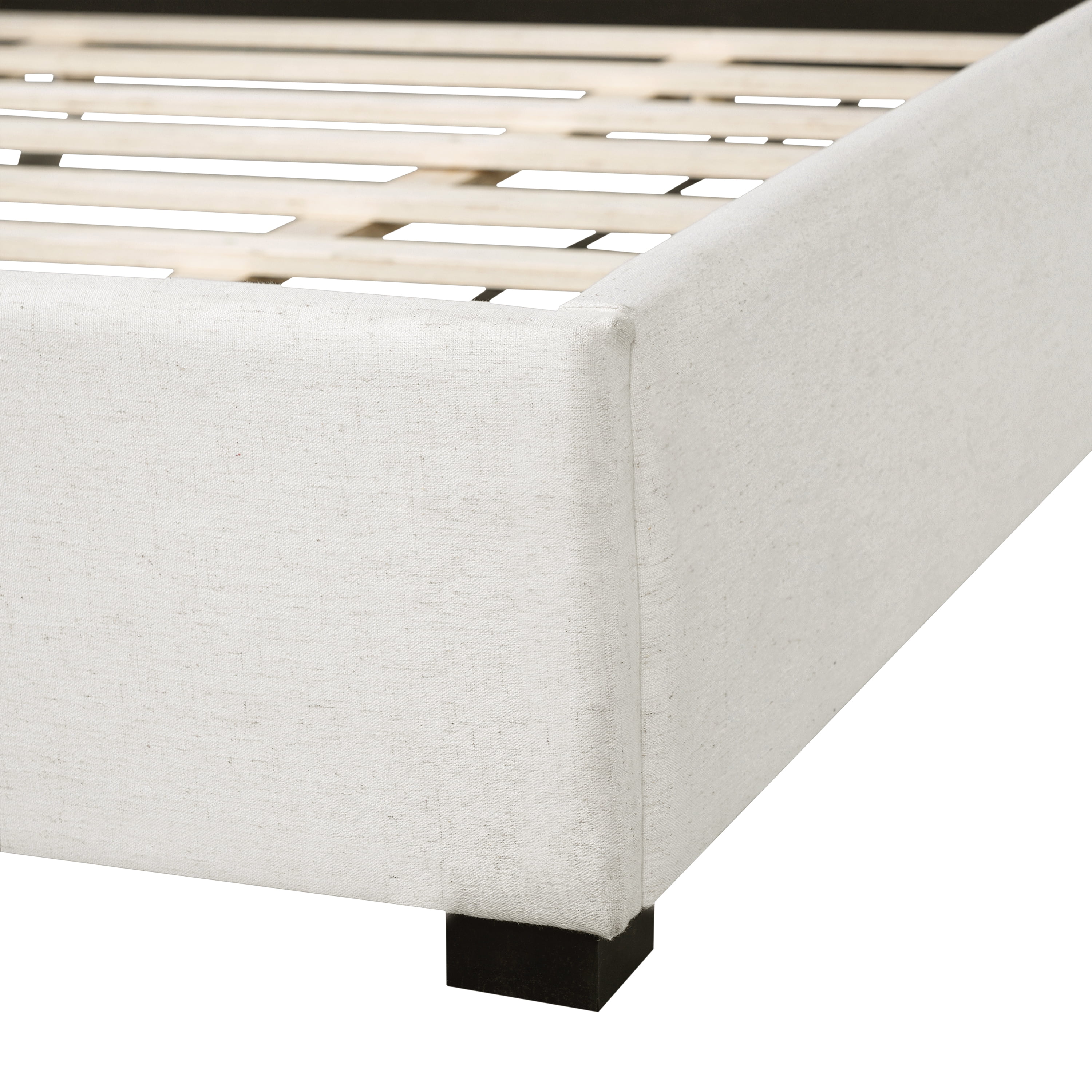 King Size Upholstered Bed Frame with Linen Blend Fabric, Thick Padded Headboard & Solid Wood Legs, Platform Bed with Curved Design for Bedroom, Beige