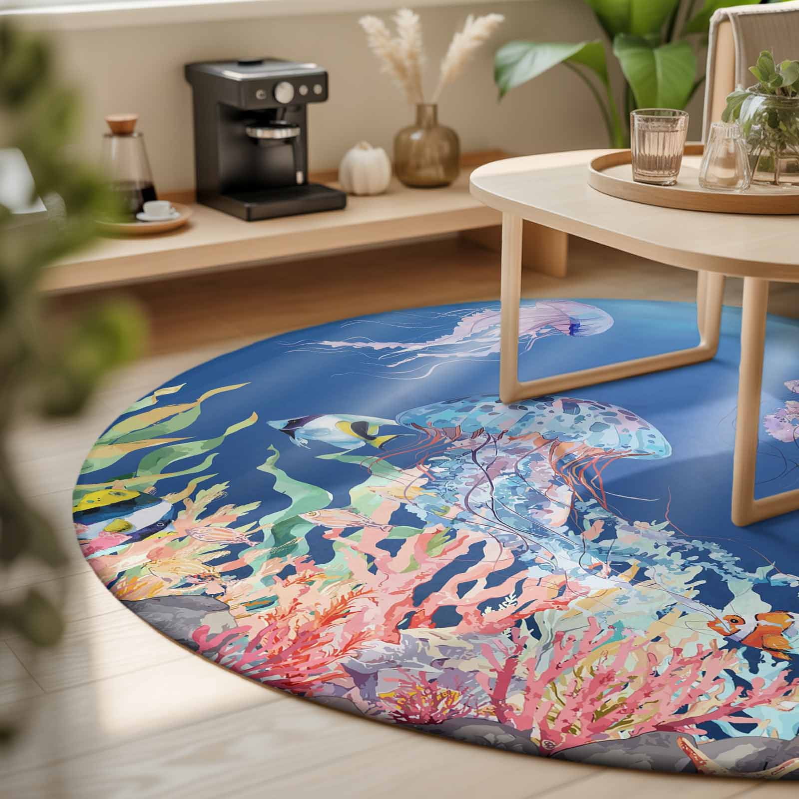 Small Round Rug 3Ft, Jellyfish Coastal Non-Slip Washable Circle Rugs Carpet, Nautical Ocean Summer Beach Coral Sea Indoor Outdoor Rug Floor Mats Throw Runner for Bedroom Living Room Bathroom