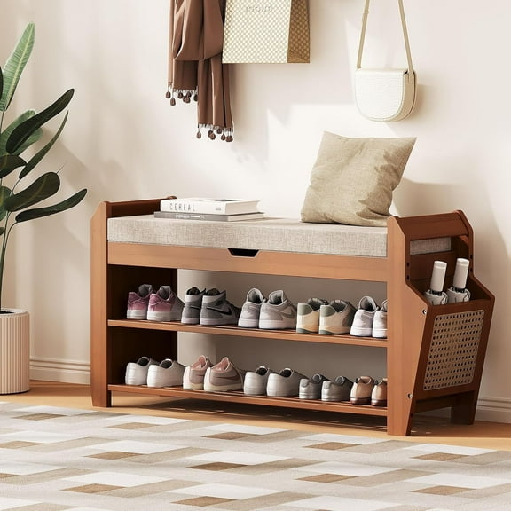 AOPEC 31.5" Bamboo Shoe Rack Bench with Storage, 3-Tier Entryway Bench with Thick Cushion, Flip-Top & Side Baskets, Holds Up to 550 LBS for Hallway, Living Room, Bedroom