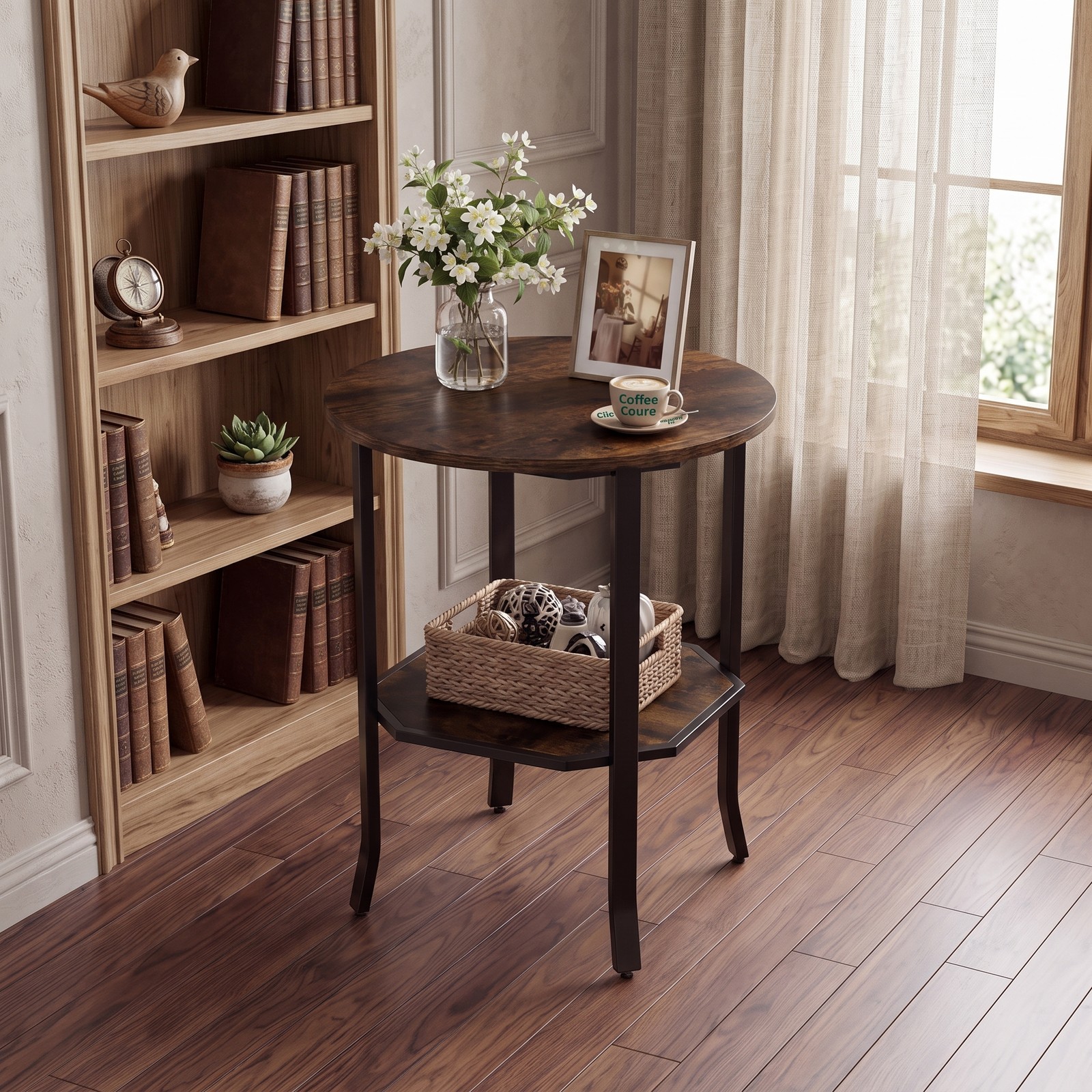 Furnibear Round Side Table Small End Table with Storage Shelf, 2-Tier Nightstand Sofa Bedside Table for Small Space Living Room Bedroom, Rustic Brown