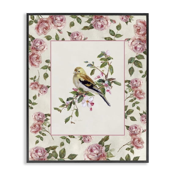 Stupell Industries Traditional Perched Bird with Dainty Roses Black Framed Giclee Art, 11 x 14, by Sally Swatland