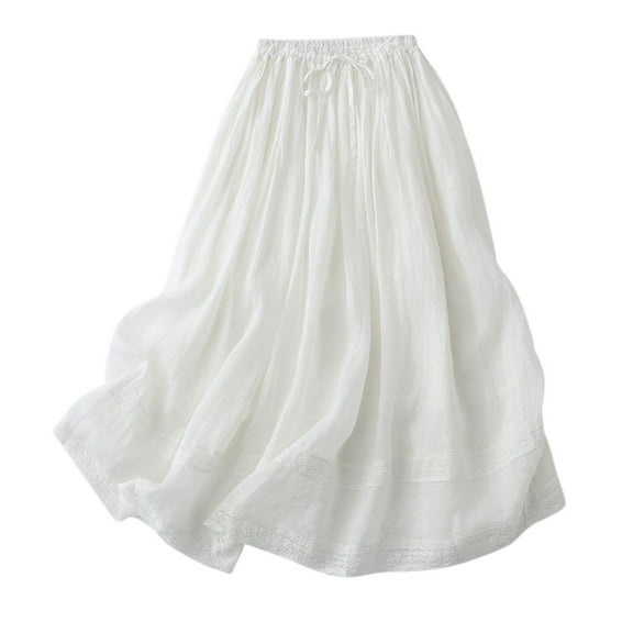 Ediodpoh Womens Skirts Elastic Waisted Double Layer Skirt with Embroidered Midi Long Skirt for Casual Wear Womens Midi Skirt White L