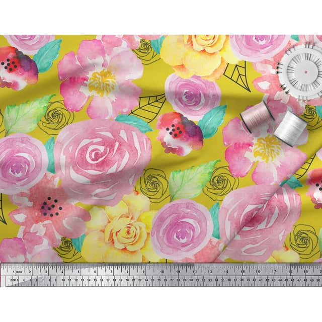 Soimoi Cotton Poplin Fabric Leaves & Rose Floral Printed Fabric 1 Yard 56 Inch Wide