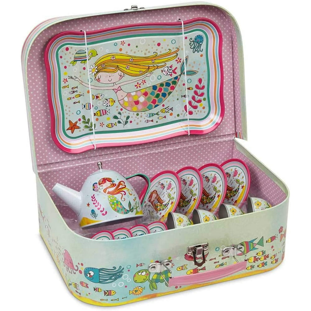 Jewelkeeper 15 Piece Kids Pretend Toy Tin Tea Set & Carry Case