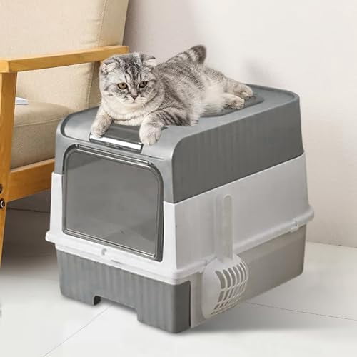 Cat Litter Box, Enclosed Removable Litter Boxs for Big Cats, Front Entry Top Exit Kitty Box Odor Control (Gray)