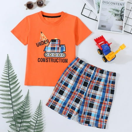 HILEELANG Toddler Boy Summer Short Clothes Sets Outfits Easter Cotton Orange Excavator Tee Shirts Shorts Playwear 4T