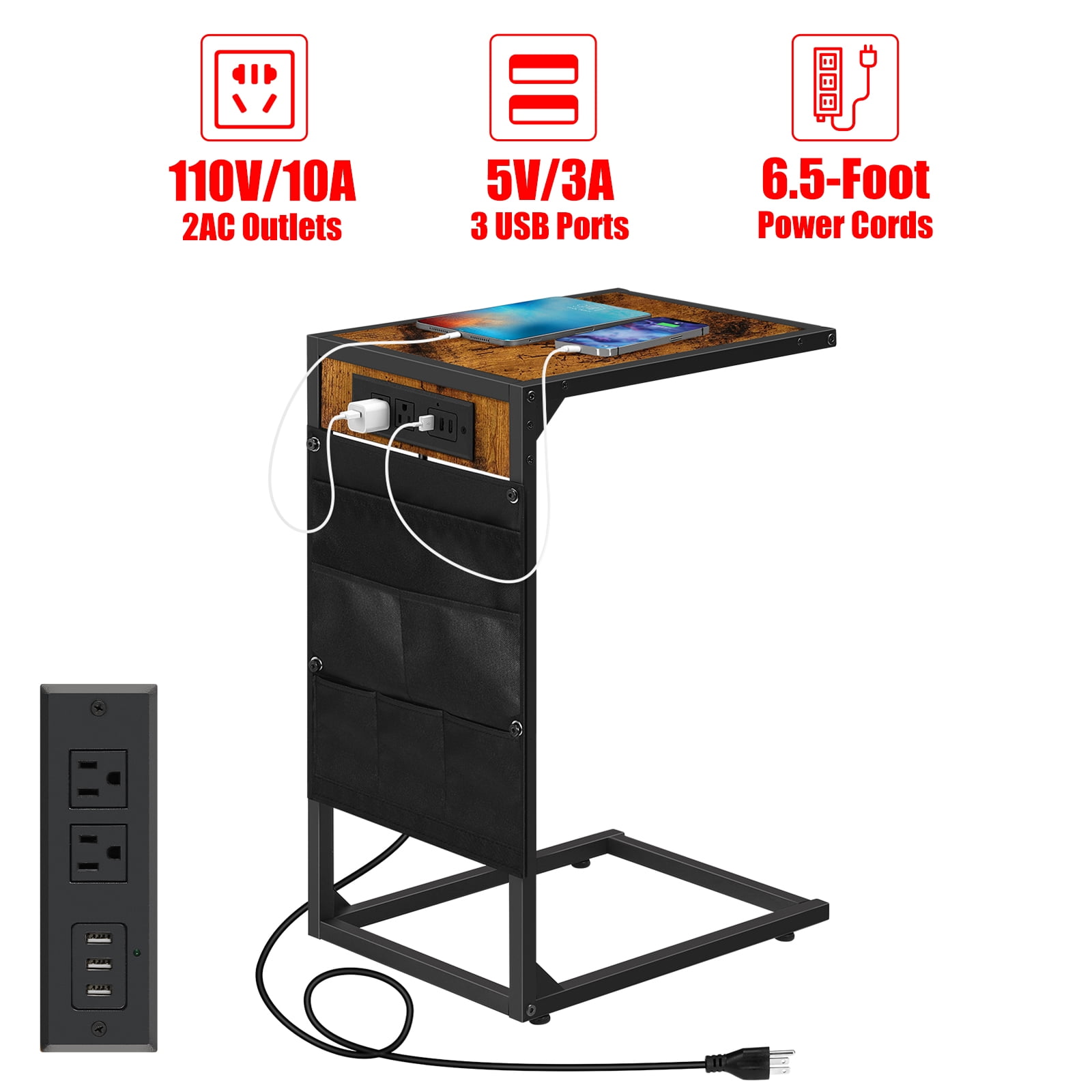 C-Shaped Coffee Table Side Table with Charging Station 2 Piece Sofa Table Set Brown