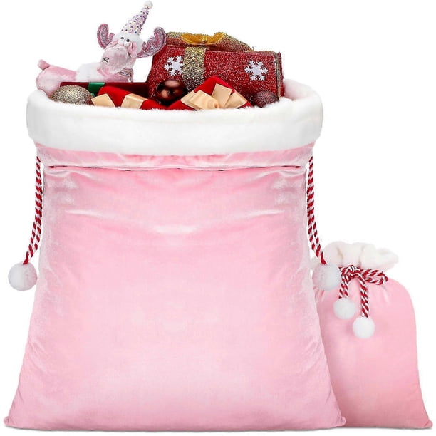 2 Pack Velvet Santa Bags with Drawstring, Large Christmas Gift Sacks for Presents and Toys (Pink)