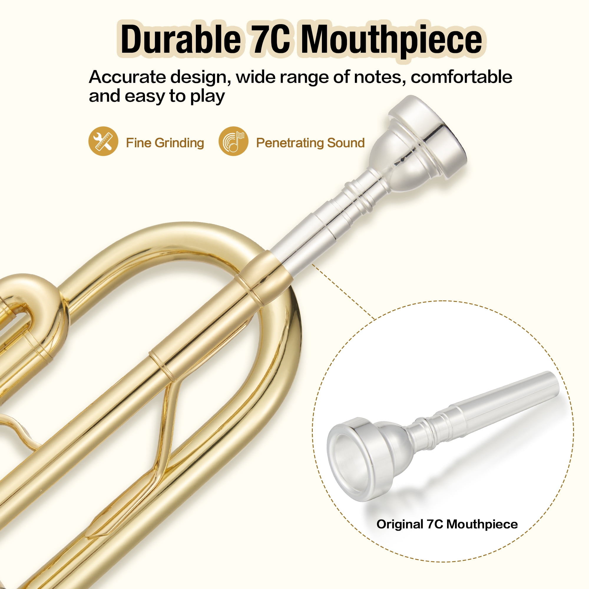 CazToi Bb Trumpet Brass Instrument Gold Lacquer Finish with Case Mouthpiece & Cleaning Kit