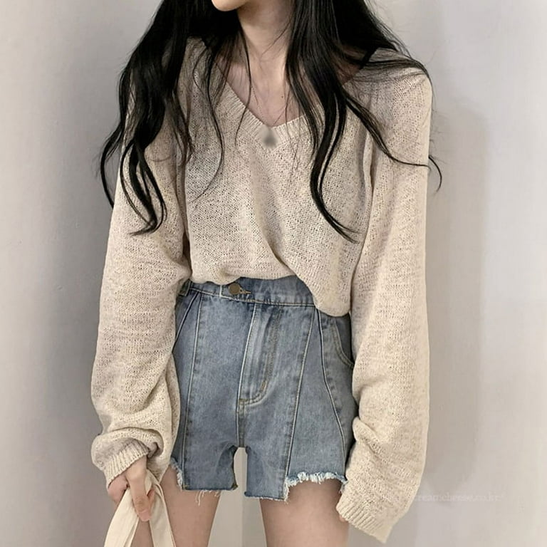 Topumt Lazy Style Thin Long-Sleeved Women's Loose Knitted Sweater Shirt Coat Tops, Size: One size, Beige
