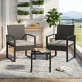 thumbnail image 3 of Conjunto bistró de 3 piezas para patio de ratán PE negro - Muebles exteriores con mesa de vidrio templado - Sillas resistentes a la intemperie - Cojines grises incluidos, 3 of 8